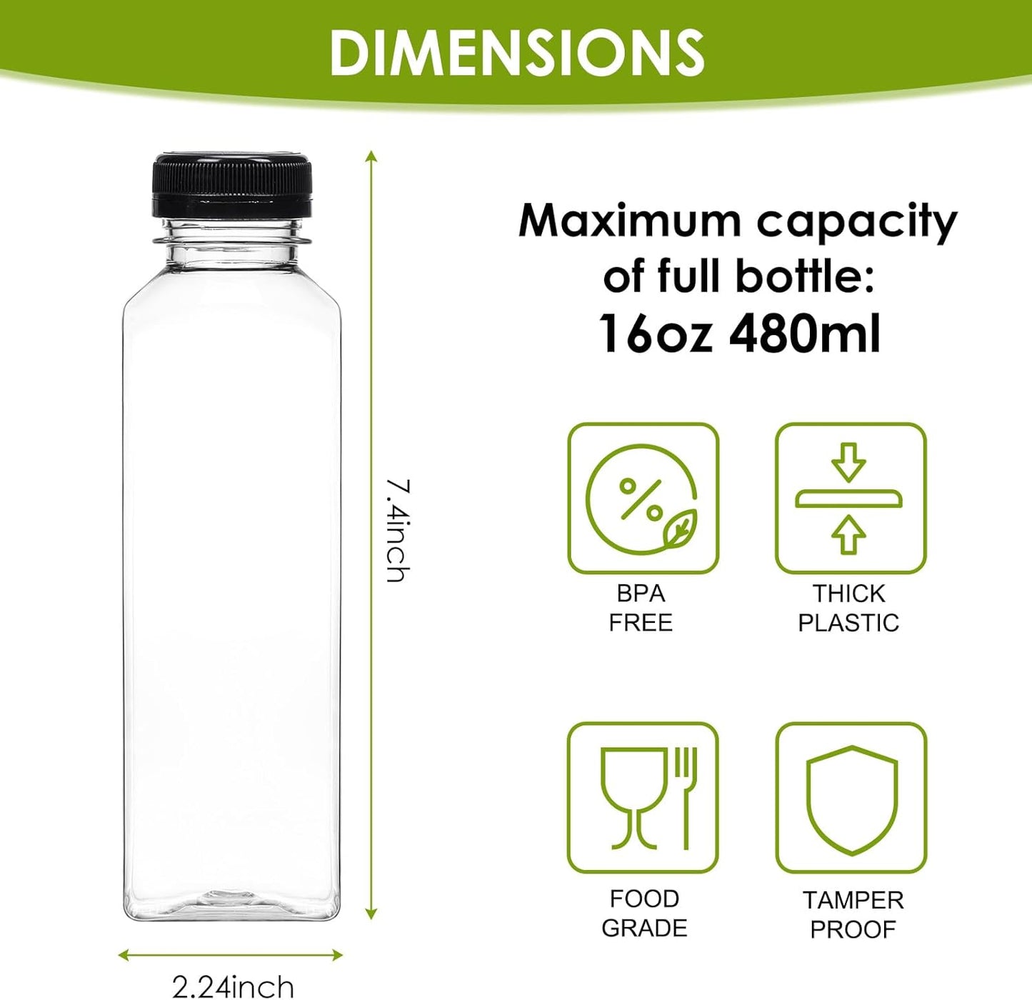 8oz/12oz/16oz Clear PET Plastic Juice Bottles with Caps (Square)