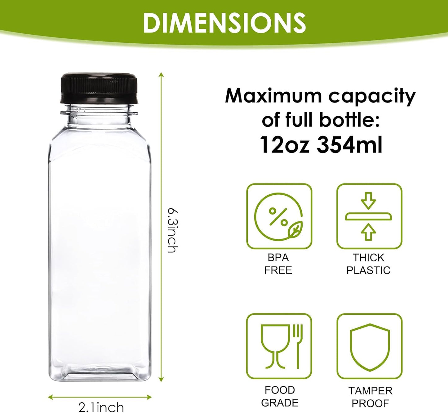 8oz/12oz/16oz Clear PET Plastic Juice Bottles with Caps (Square)