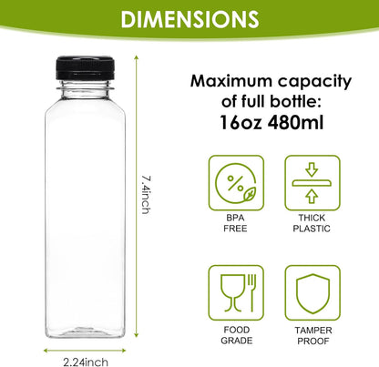 8oz/12oz/16oz Clear PET Plastic Juice Bottles with Caps (Square)