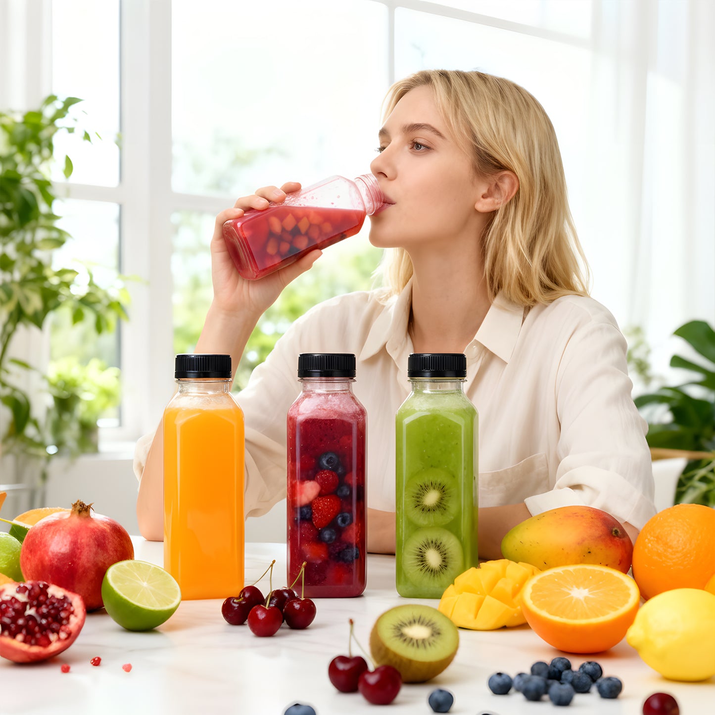 8oz/12oz/16oz Clear PET Plastic Juice Bottles with Caps (Square)
