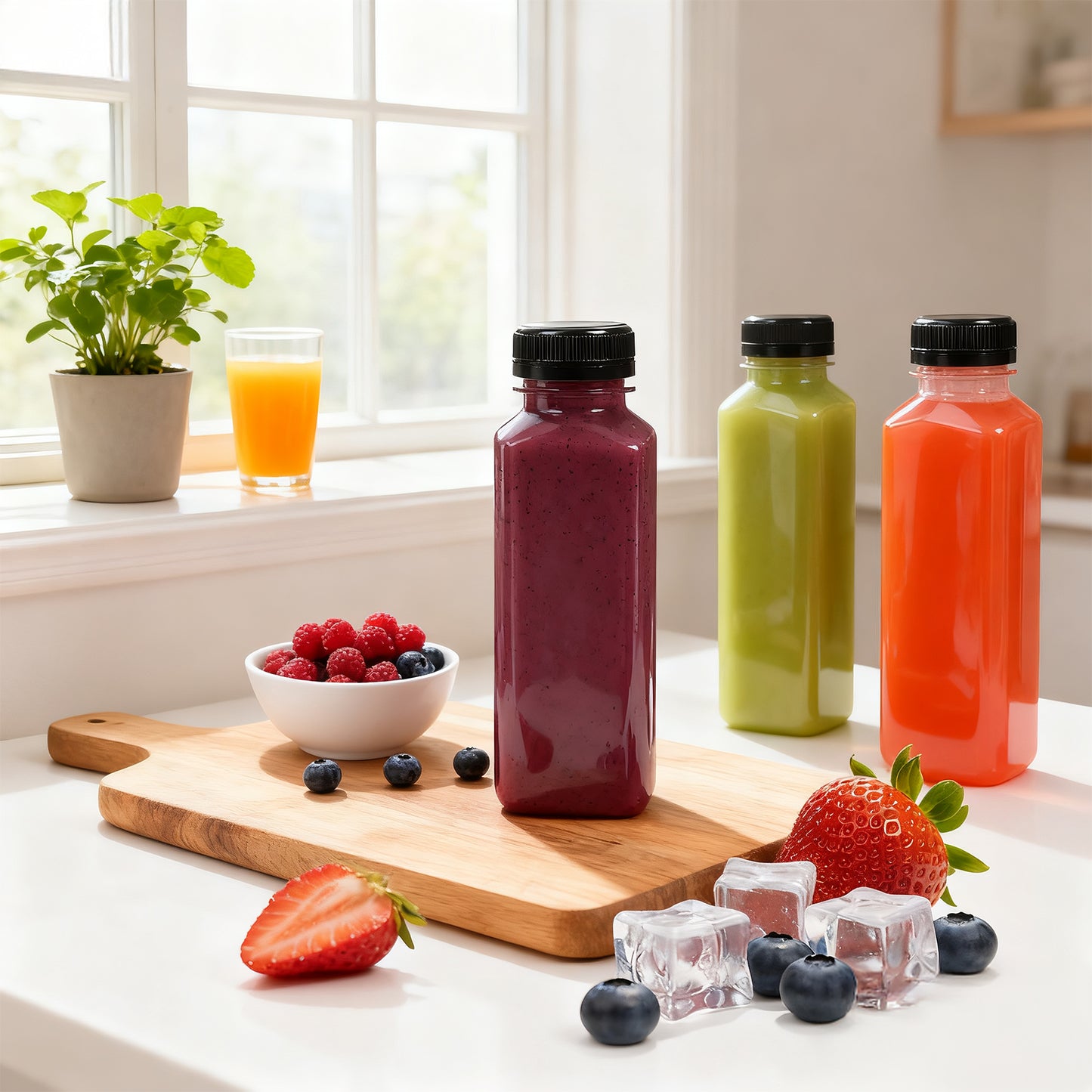 8oz/12oz/16oz Clear PET Plastic Juice Bottles with Caps (Square)