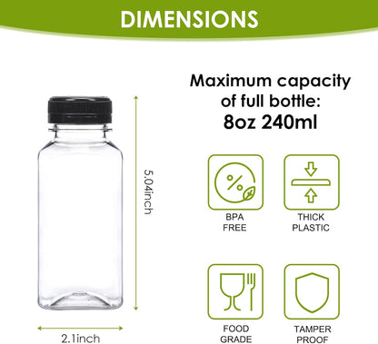 8oz/12oz/16oz Clear PET Plastic Juice Bottles with Caps (Square)
